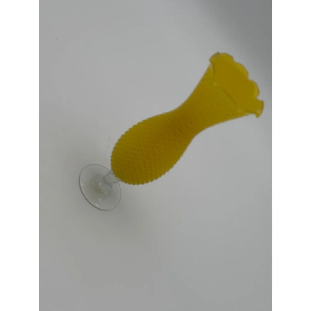 Vintage Yellow Satin Hobnail Glass Bud‎ Vase Clear Twisted Stem Ruffled Rim 10in